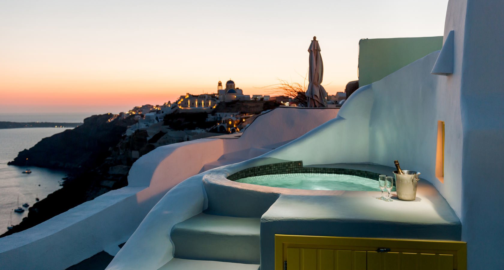 Anemomilos Villas Santorini exterior Jacuzzi with magnificent sea view